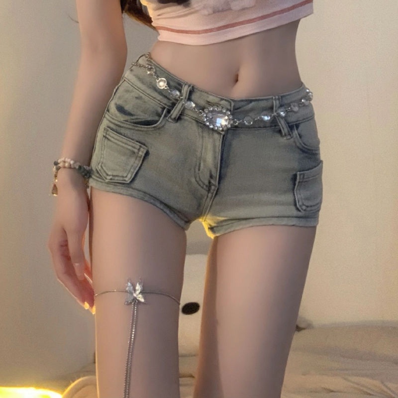 Jiashucheng Quần Short Denim Siêu Ngắn Dáng Ôm Hông Phong Cách Retro Mỹ Mùa Xuân Hè Mới Cho Nữ