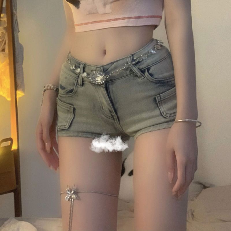 Jiashucheng Quần Short Denim Siêu Ngắn Dáng Ôm Hông Phong Cách Retro Mỹ Mùa Xuân Hè Mới Cho Nữ