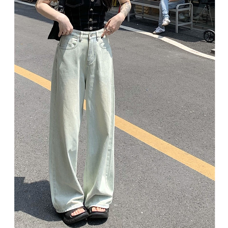 Quần Jean Dài Lưng Cao Ống Rộng Màu Sắc Tươi Sáng Phong Cách Retro Thời Trang Mùa Hè Cho Nữ