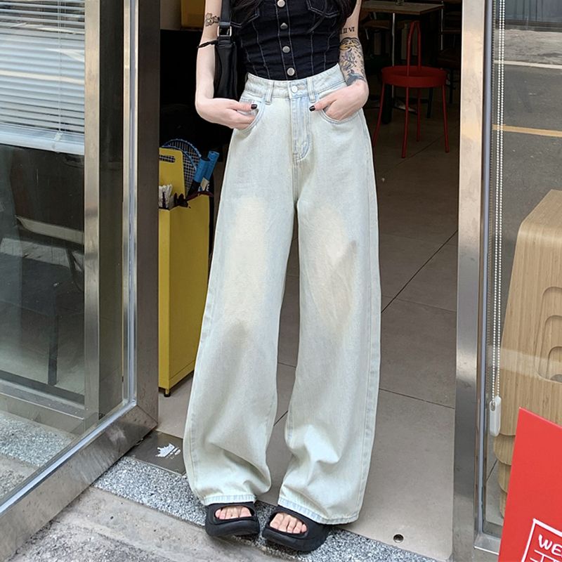 Quần Jean Dài Lưng Cao Ống Rộng Màu Sắc Tươi Sáng Phong Cách Retro Thời Trang Mùa Hè Cho Nữ