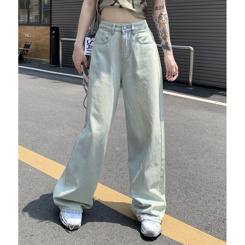 Quần Jean Dài Lưng Cao Ống Rộng Màu Sắc Tươi Sáng Phong Cách Retro Thời Trang Mùa Hè Cho Nữ