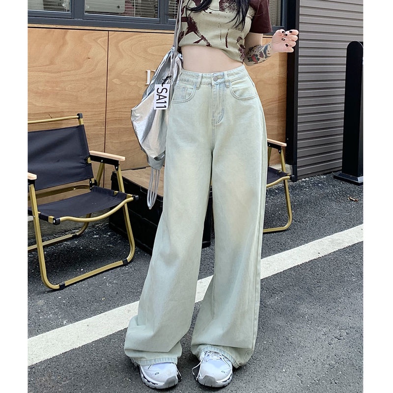 Quần Jean Dài Lưng Cao Ống Rộng Màu Sắc Tươi Sáng Phong Cách Retro Thời Trang Mùa Hè Cho Nữ