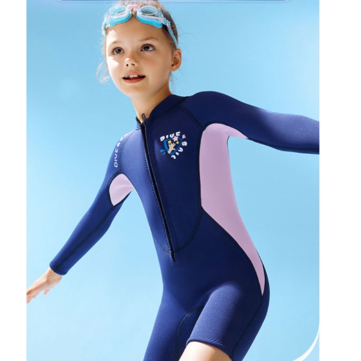Đồ bơi giữ nhiệt tay dài quần ngắn M153776K 2.5mm cho bé gái mẫu five star màu tím đậm, màu xanh