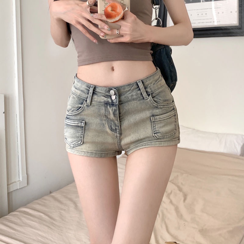 Jiashucheng Quần Short Denim Lưng Thấp Ôm Dáng Màu Sáng Phong Cách Retro Mỹ Mùa Hè Cho Nữ