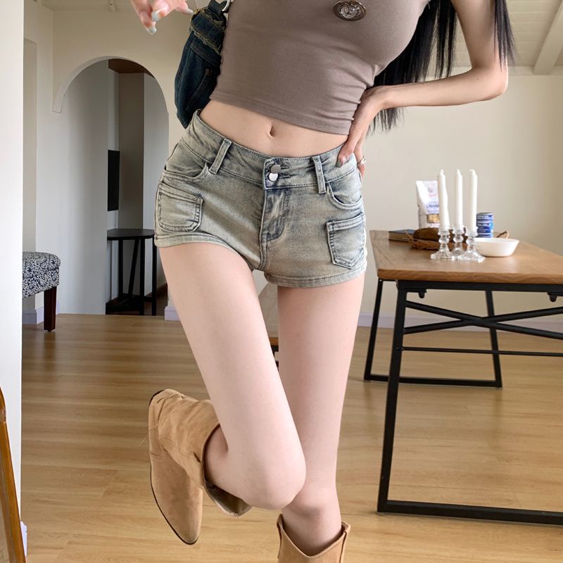 Jiashucheng Quần Short Denim Lưng Thấp Ôm Dáng Màu Sáng Phong Cách Retro Mỹ Mùa Hè Cho Nữ