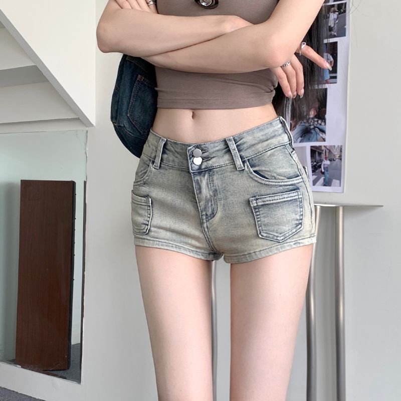 Jiashucheng Quần Short Denim Lưng Thấp Ôm Dáng Màu Sáng Phong Cách Retro Mỹ Mùa Hè Cho Nữ