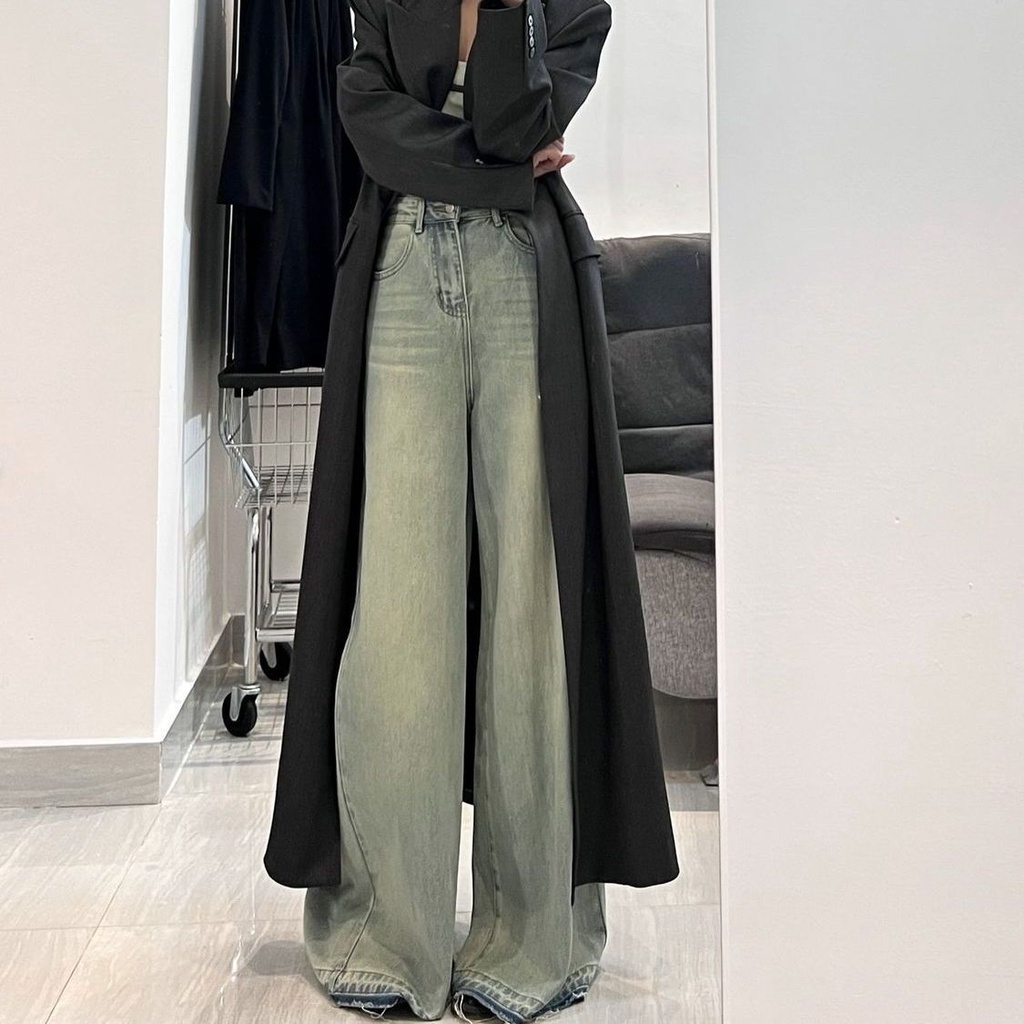 Jiashucheng Quần Jean Ống Rộng Lưng Cao Màu Sáng Phong Cách Retro Đường Phố Mùa Hè Cho Nữ