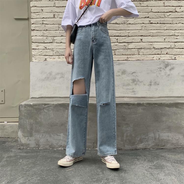 Jiashucheng Quần Jean Ống Rộng Lưng Cao Màu Sáng Phong Cách Retro Đường Phố Mùa Hè Cho Nữ