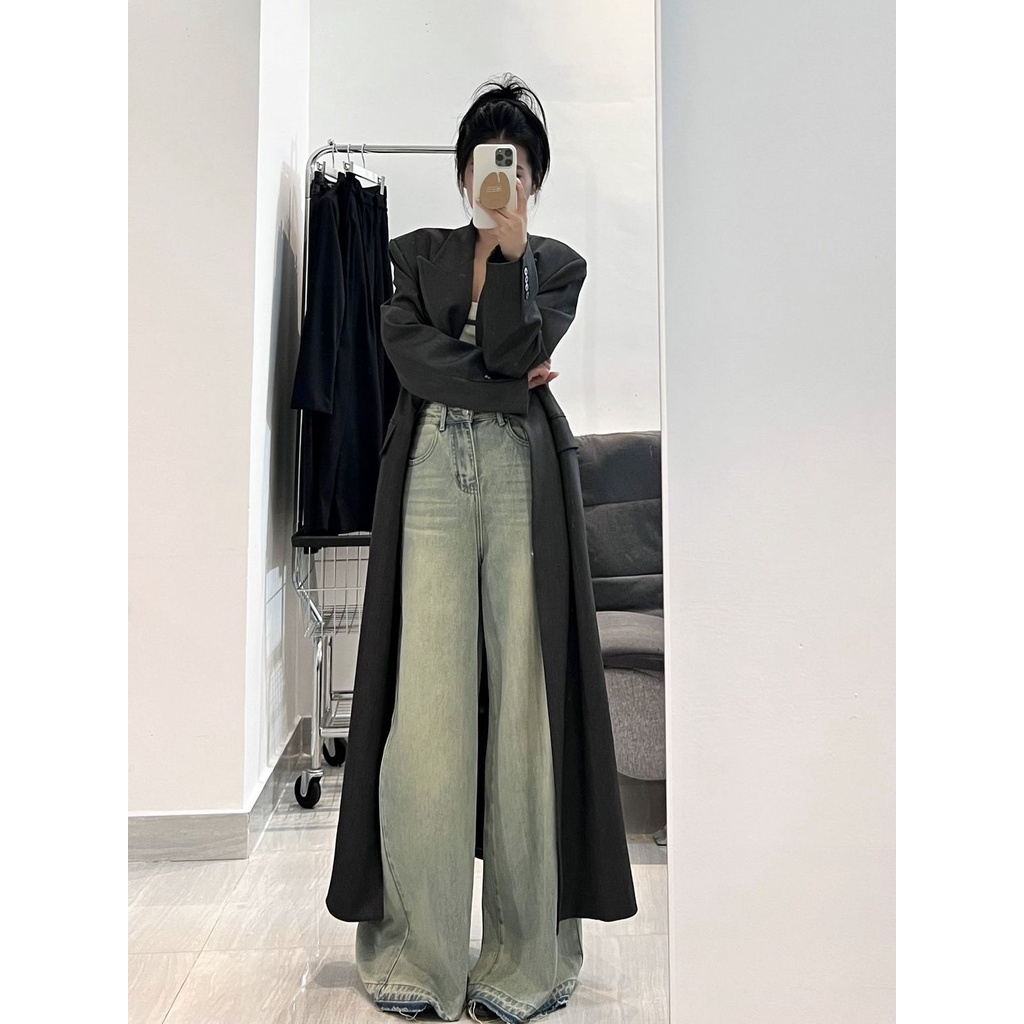 Jiashucheng Quần Jean Ống Rộng Lưng Cao Màu Sáng Phong Cách Retro Đường Phố Mùa Hè Cho Nữ