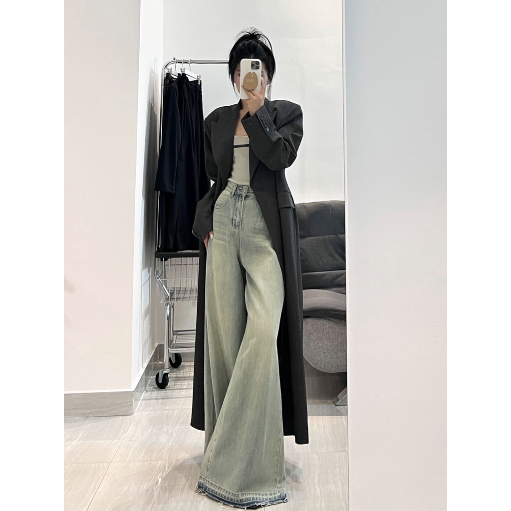 Jiashucheng Quần Jean Ống Rộng Lưng Cao Màu Sáng Phong Cách Retro Đường Phố Mùa Hè Cho Nữ