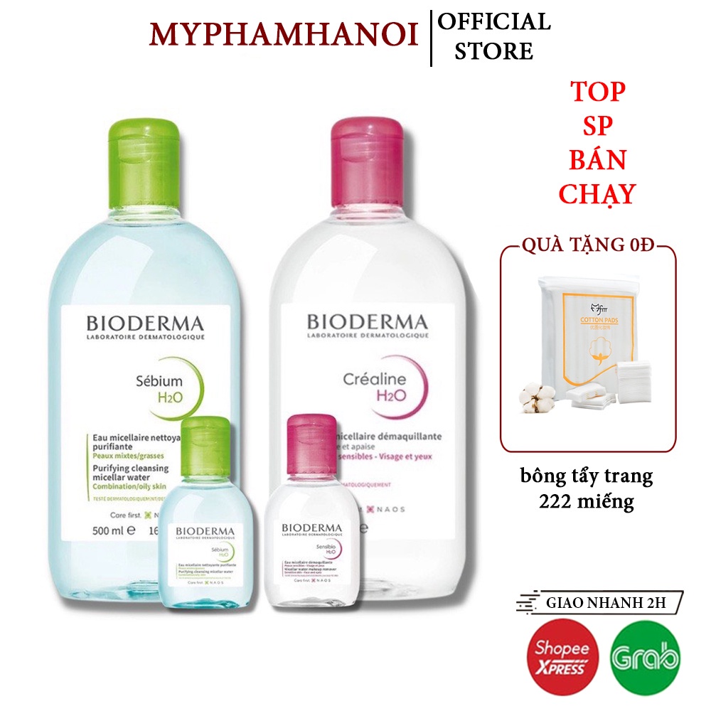 Nước Tẩy Trang Bioderma Crealine H2O Nắp Nhấn Màu Hồng (mọi loại da) , nắp nhấn xanh (da dầu , mụn) 500ml - mypham