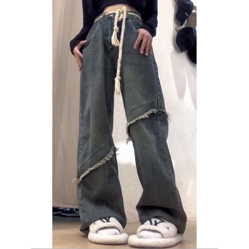 Jiashucheng Quần Jean Ống Rộng Sờn Phong Cách Retro Mỹ Đường Phố Mùa Xuân Cho Nữ