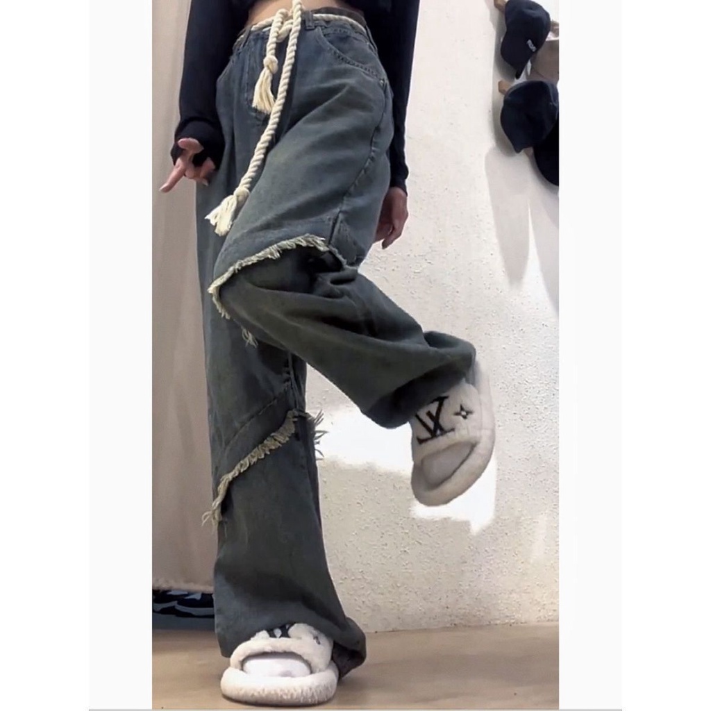 Jiashucheng Quần Jean Ống Rộng Sờn Phong Cách Retro Mỹ Đường Phố Mùa Xuân Cho Nữ