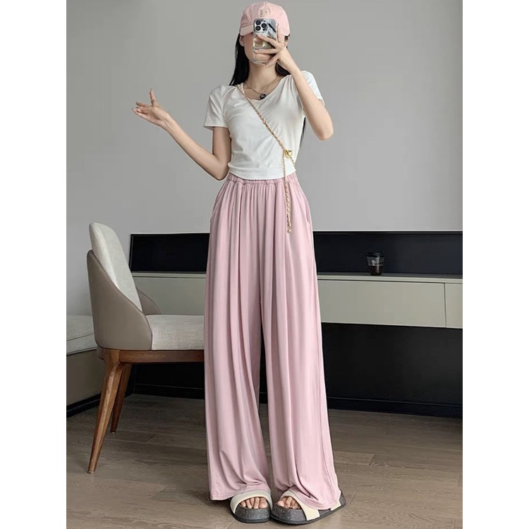 Jiashucheng Modal Quần Dài Ống Rộng Lưng Cao Vải Lụa Lạnh Mỏng Chống Nắng Mùa Hè Dành Cho Bạn Nữ