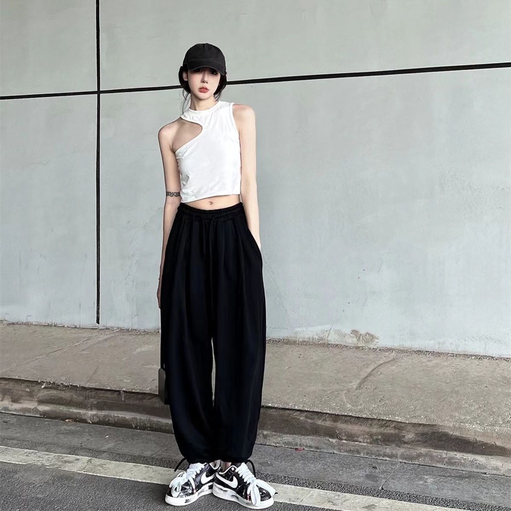 Jiashucheng Quần Thể Thao Ống Rộng Dây Rút Phong Cách Đường Phố Mỹ Mùa Xuân Thu Mới Kích Thước Lớn Phong Cách Hàn Quốc Cho Nữ