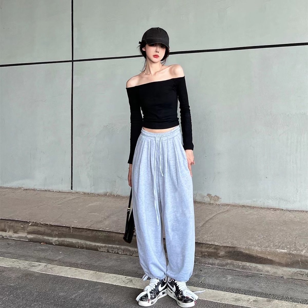 Jiashucheng Quần Thể Thao Ống Rộng Dây Rút Phong Cách Đường Phố Mỹ Mùa Xuân Thu Mới Kích Thước Lớn Phong Cách Hàn Quốc Cho Nữ