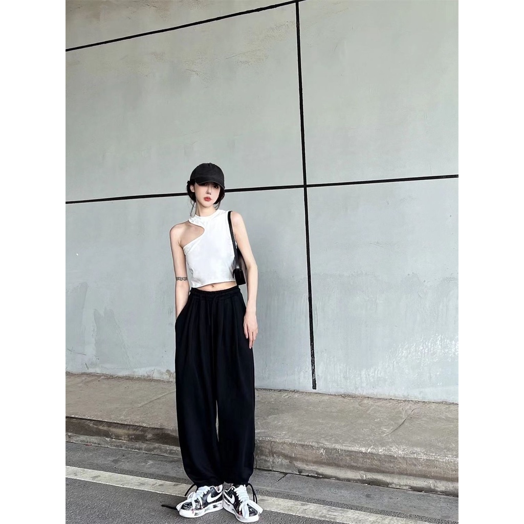 Jiashucheng Quần Thể Thao Ống Rộng Dây Rút Phong Cách Đường Phố Mỹ Mùa Xuân Thu Mới Kích Thước Lớn Phong Cách Hàn Quốc Cho Nữ