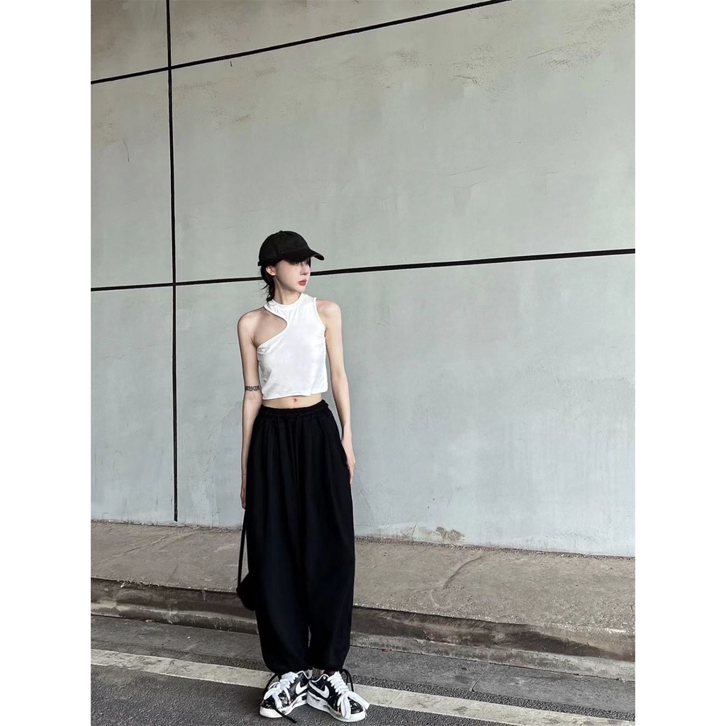 Jiashucheng Quần Thể Thao Ống Rộng Dây Rút Phong Cách Đường Phố Mỹ Mùa Xuân Thu Mới Kích Thước Lớn Phong Cách Hàn Quốc Cho Nữ