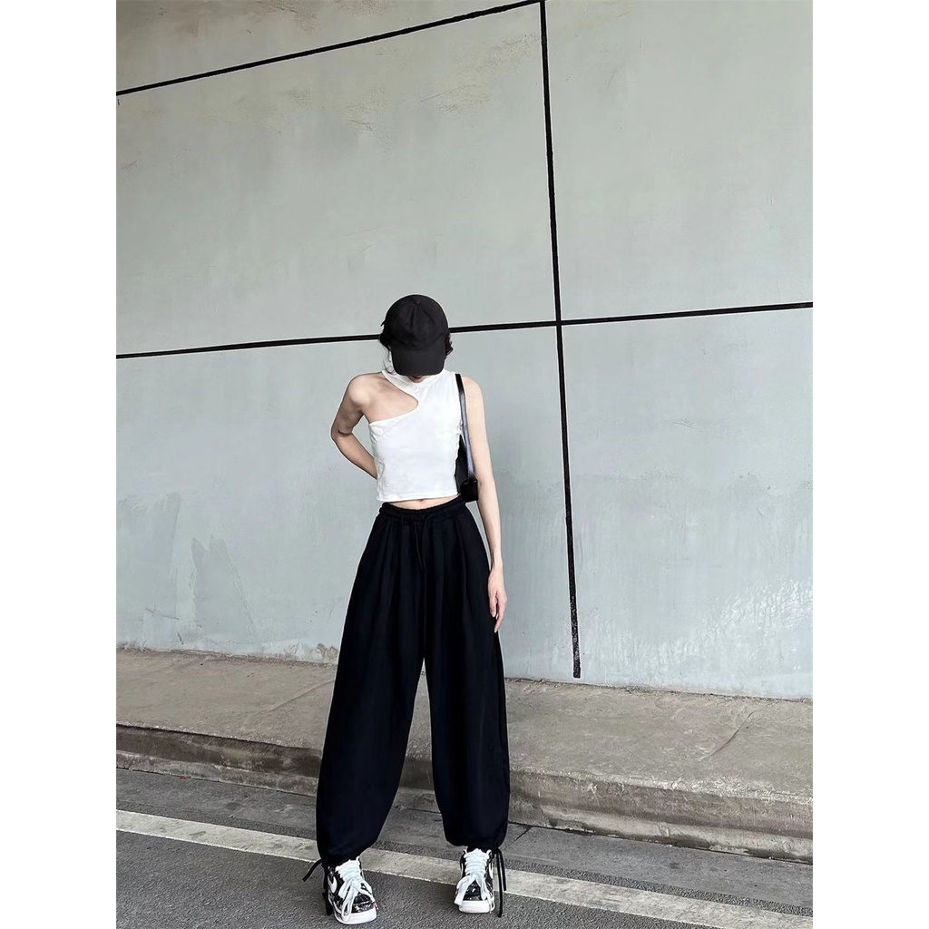 Jiashucheng Quần Thể Thao Ống Rộng Dây Rút Phong Cách Đường Phố Mỹ Mùa Xuân Thu Mới Kích Thước Lớn Phong Cách Hàn Quốc Cho Nữ