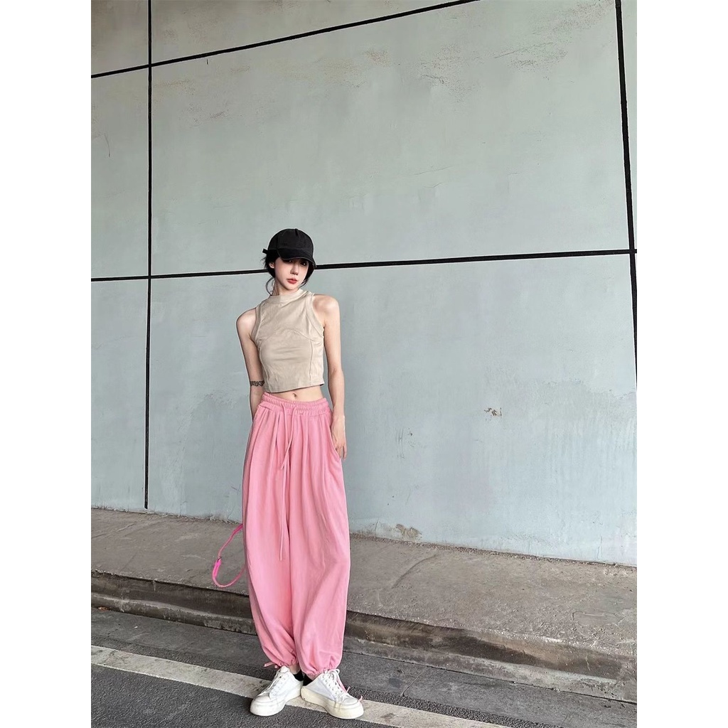 Jiashucheng Quần Thể Thao Ống Rộng Dây Rút Phong Cách Đường Phố Mỹ Mùa Xuân Thu Mới Kích Thước Lớn Phong Cách Hàn Quốc Cho Nữ