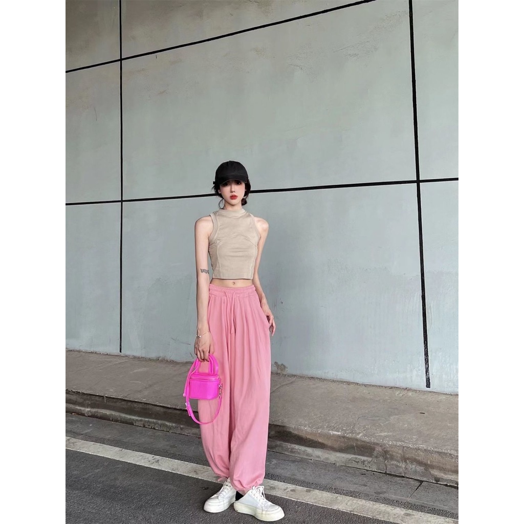 Jiashucheng Quần Thể Thao Ống Rộng Dây Rút Phong Cách Đường Phố Mỹ Mùa Xuân Thu Mới Kích Thước Lớn Phong Cách Hàn Quốc Cho Nữ