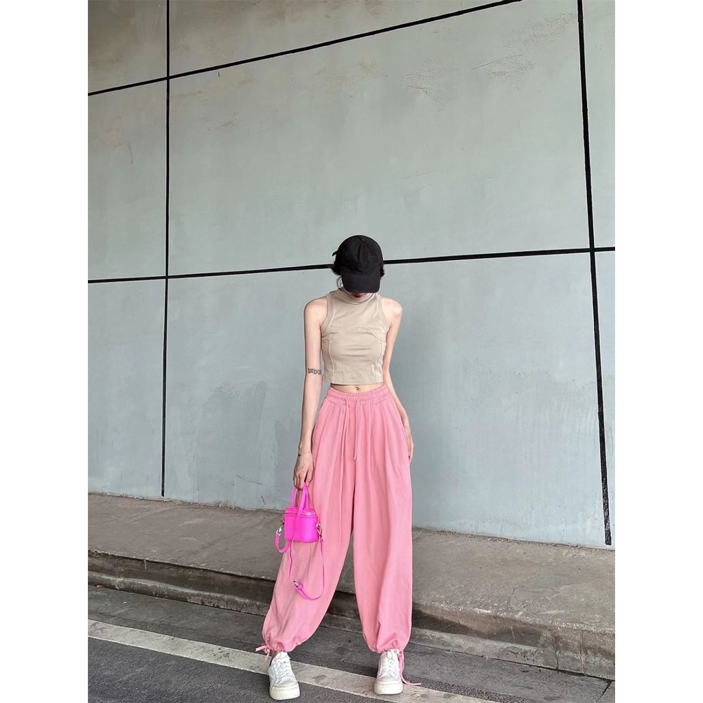 Jiashucheng Quần Thể Thao Ống Rộng Dây Rút Phong Cách Đường Phố Mỹ Mùa Xuân Thu Mới Kích Thước Lớn Phong Cách Hàn Quốc Cho Nữ