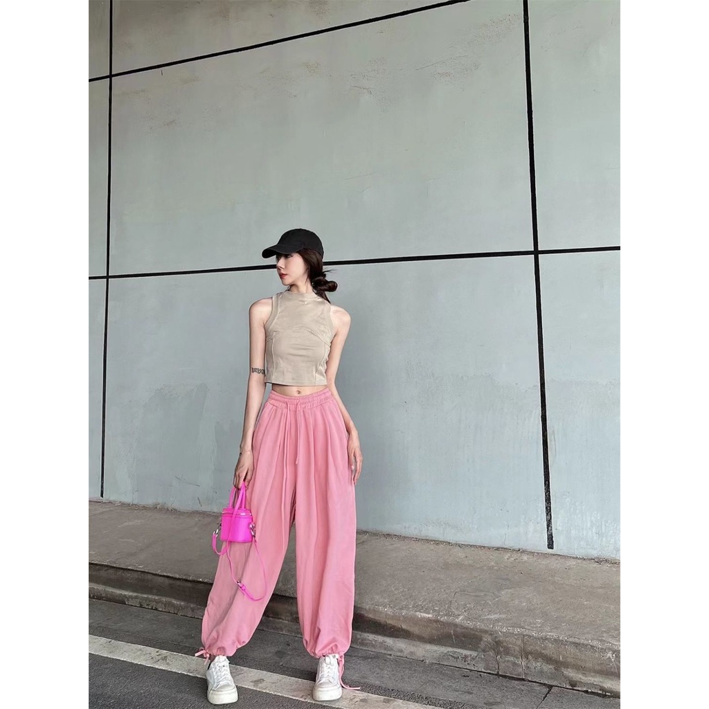 Jiashucheng Quần Thể Thao Ống Rộng Dây Rút Phong Cách Đường Phố Mỹ Mùa Xuân Thu Mới Kích Thước Lớn Phong Cách Hàn Quốc Cho Nữ