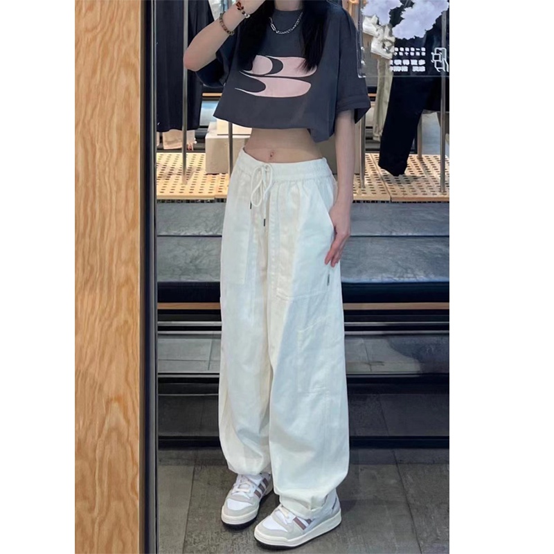 Jiashucheng Quần Yếm Cotton Trắng Dáng Rộng Eo Cao Phong Cách Nhật Bản Mùa Hè Dễ Phối Đồ Cho Nữ xs