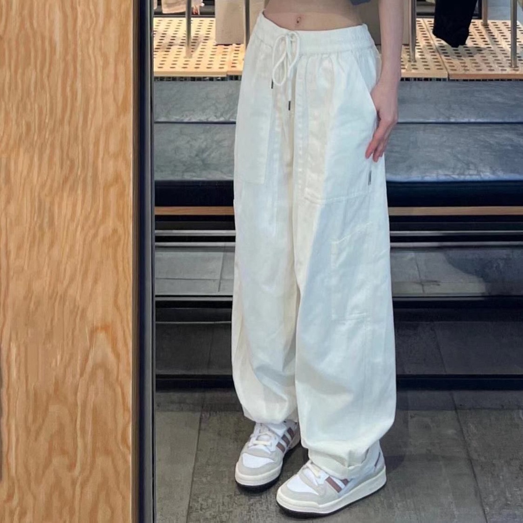 Jiashucheng Quần Yếm Cotton Trắng Dáng Rộng Eo Cao Phong Cách Nhật Bản Mùa Hè Dễ Phối Đồ Cho Nữ xs