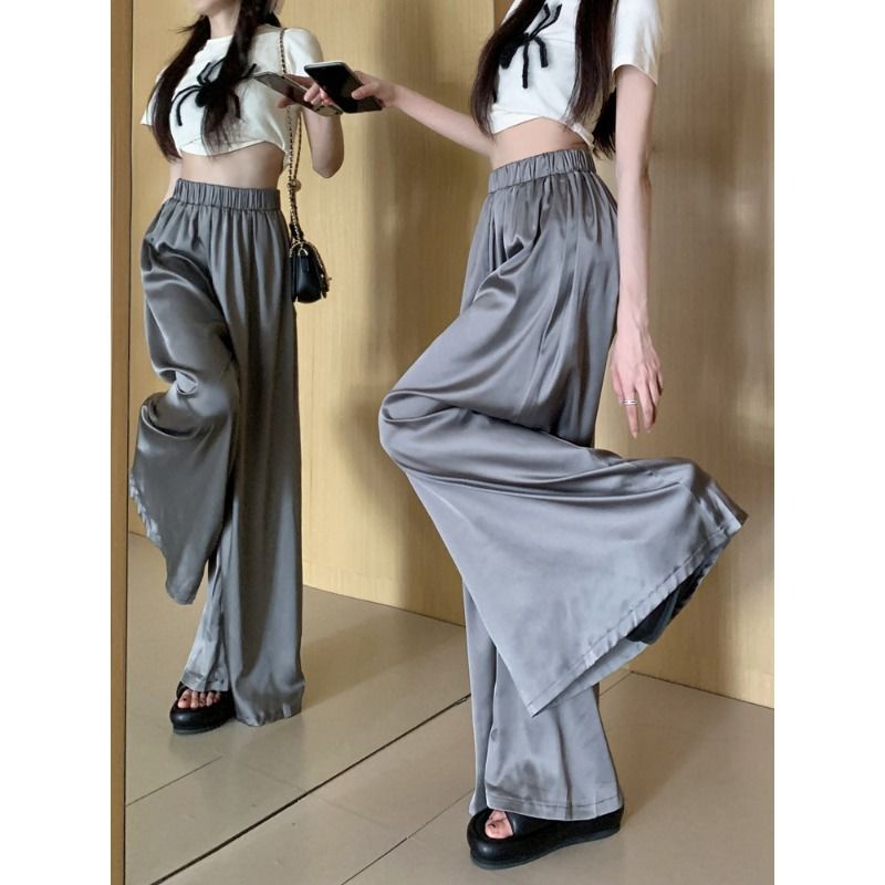 Quần Dài Vải Satin Cao Cấp Ống Rộng Plus Size 2 Tầng Thời Trang Mùa Hè Cho Nữ