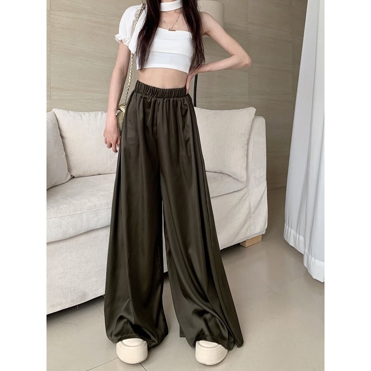 Quần Dài Vải Satin Cao Cấp Ống Rộng Plus Size 2 Tầng Thời Trang Mùa Hè Cho Nữ