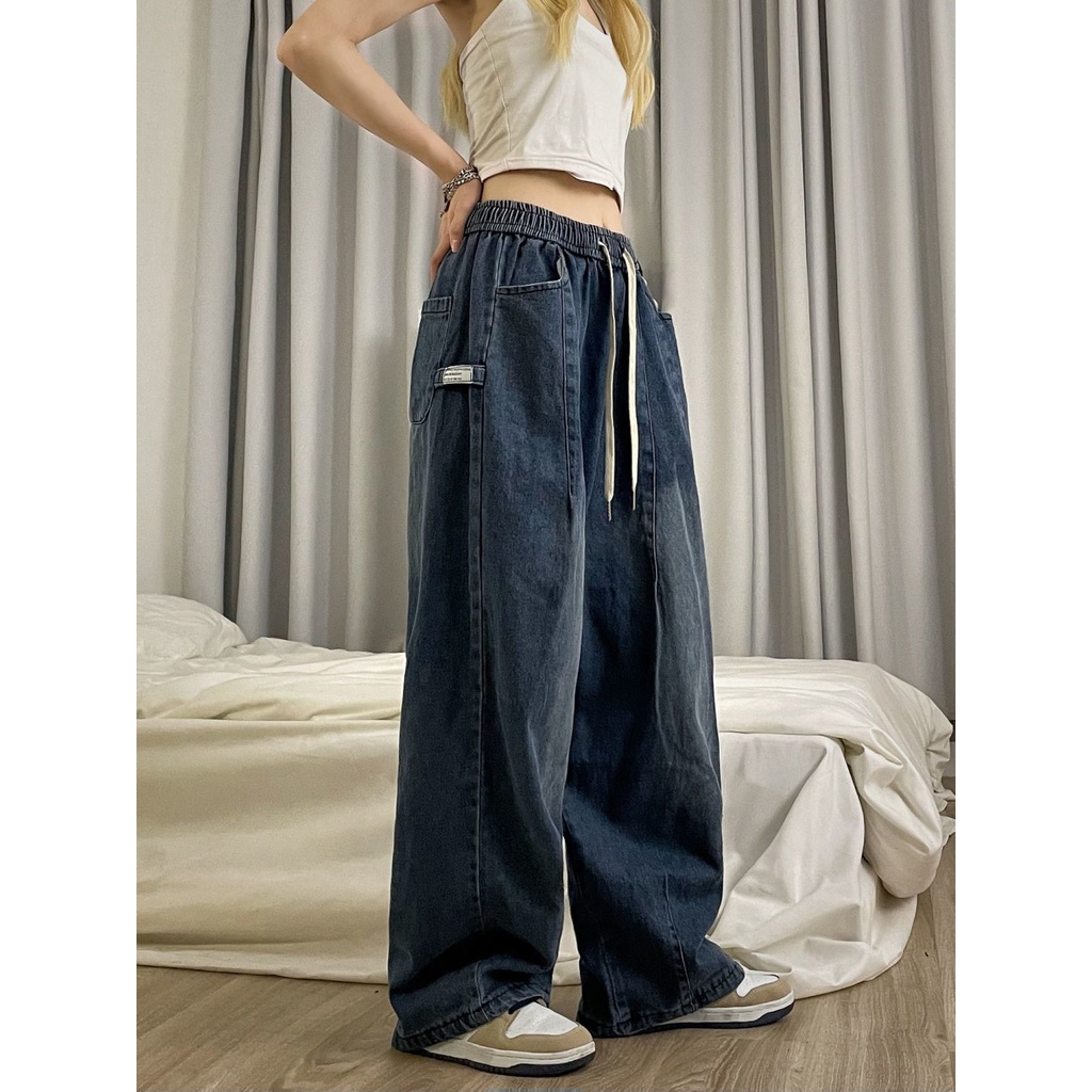 Jiashucheng Quần Jean Dây Rút Lưng Cao Ống Rộng Phong Cách Retro Mùa Xuân Dễ Phối Đồ Mới Cho Nữ