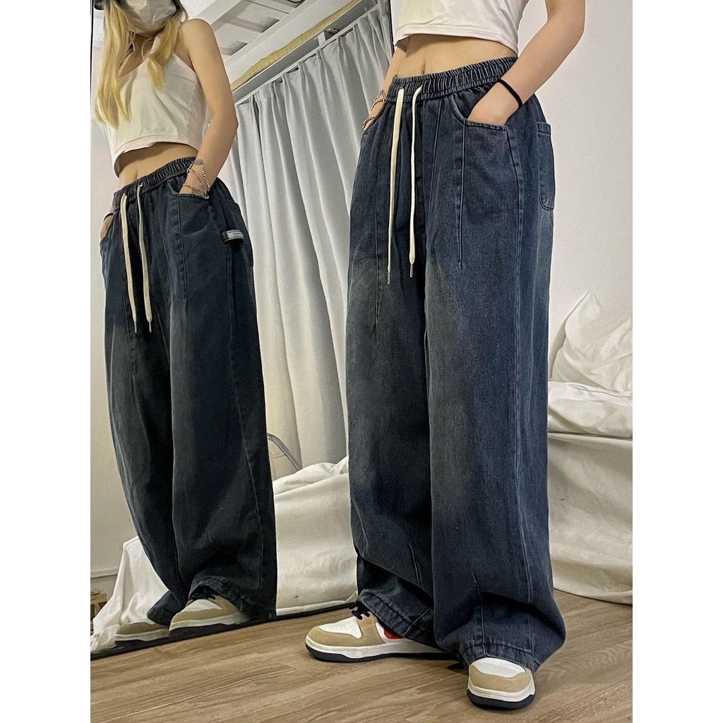 Jiashucheng Quần Jean Dây Rút Lưng Cao Ống Rộng Phong Cách Retro Mùa Xuân Dễ Phối Đồ Mới Cho Nữ