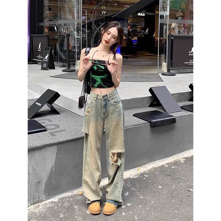 Quần Jean Dài Lưng Cao Ống Rộng Phối Rách Thời Trang Mùa Hè Cho Nữ