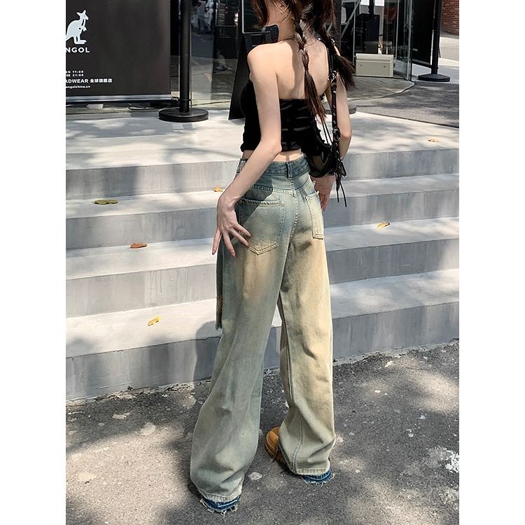 Quần Jean Dài Lưng Cao Ống Rộng Phối Rách Thời Trang Mùa Hè Cho Nữ
