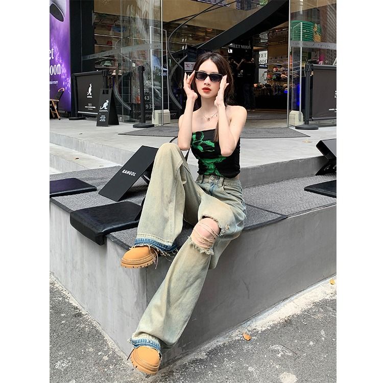 Quần Jean Dài Lưng Cao Ống Rộng Phối Rách Thời Trang Mùa Hè Cho Nữ