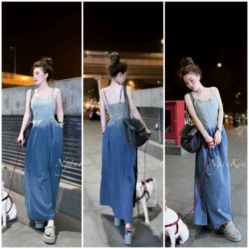 Váy Jean Dài Hai Dây Loang Ombre BEBEDOLL, Đầm Maxi Nữ Denim Hai Dây Chun Lưng Xoè Nhẹ Dáng Dài Kiểu Hàn Quốc