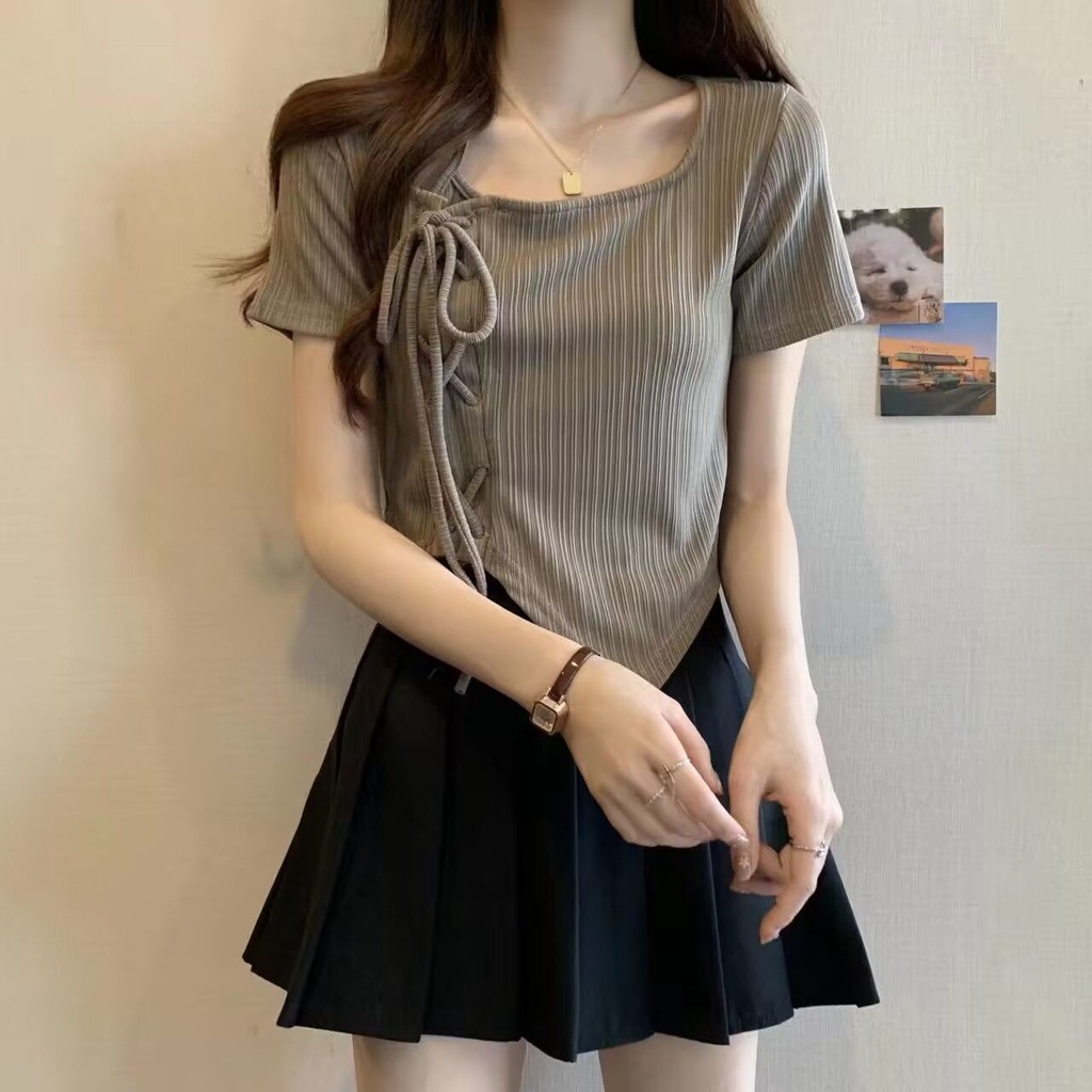 Áo Thun Tay Ngắn Phối Dây Rút Phong Cách Preppy Thời Trang Mùa Hè Xinh Xắn Cho Nữ