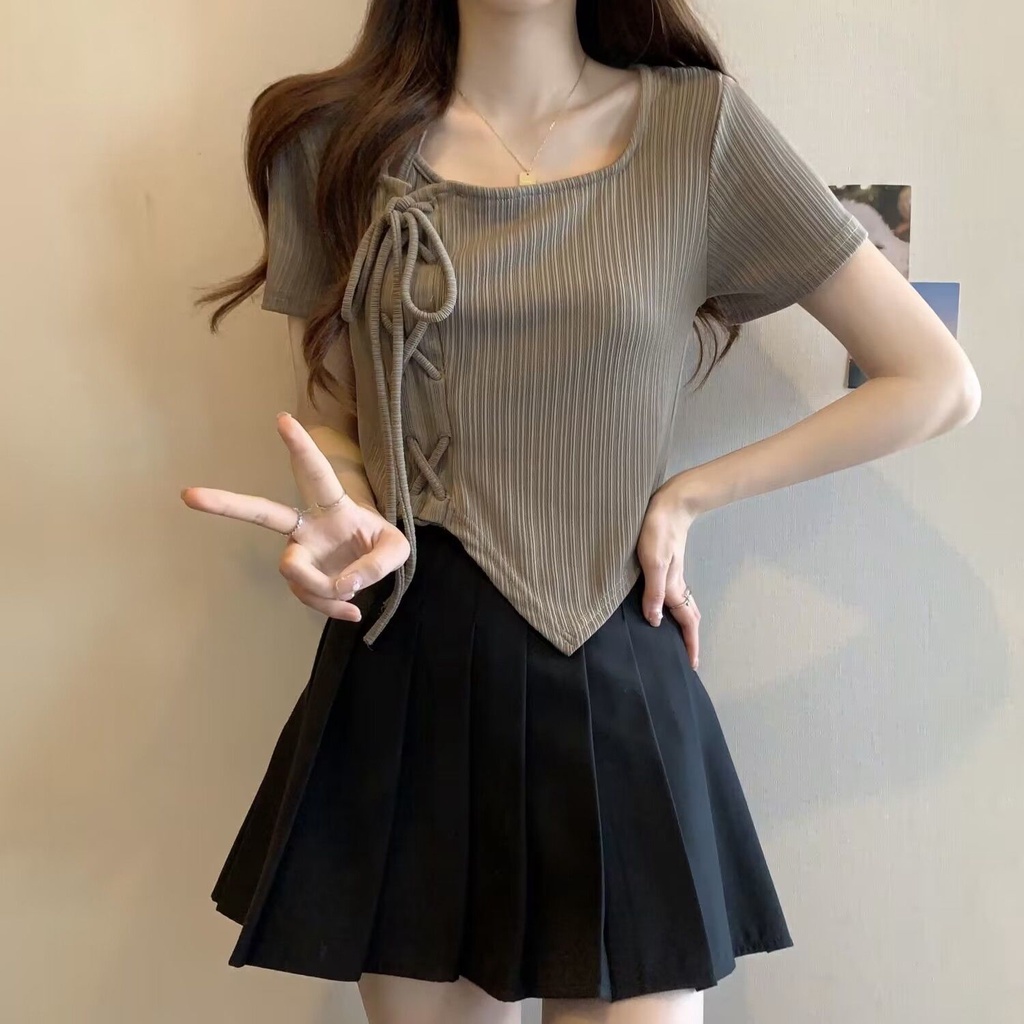 Áo Thun Tay Ngắn Phối Dây Rút Phong Cách Preppy Thời Trang Mùa Hè Xinh Xắn Cho Nữ
