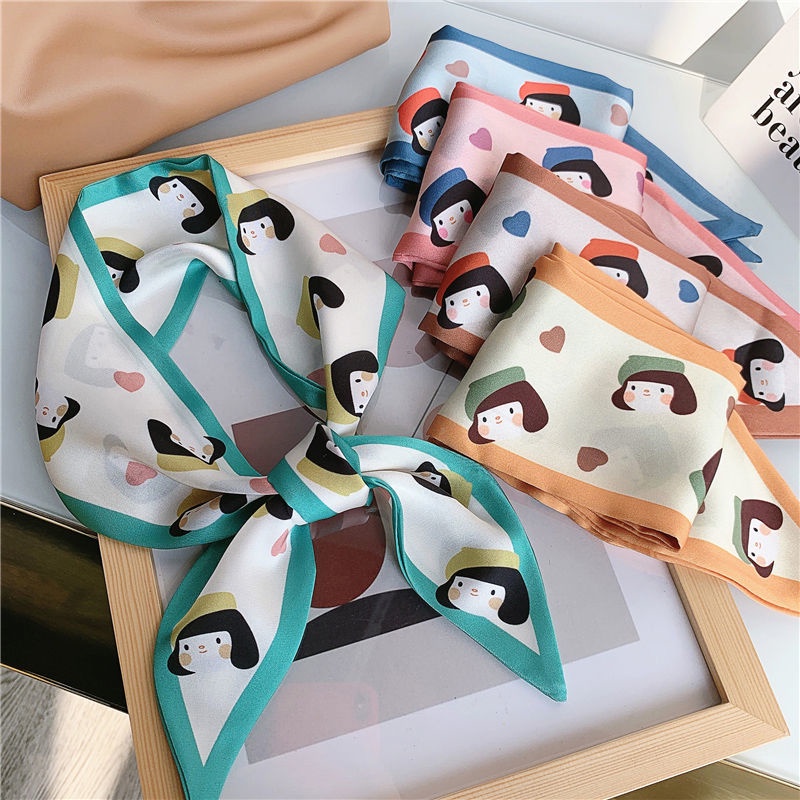 Khăn Quàng Cổ Nhỏ Bằng Lụa Nhỏ Nhắn In Họa Tiết Hoạt Hình Phong Cách Hàn Quốc Dễ Phối Đồ Thời Trang Xuân Hè Cho