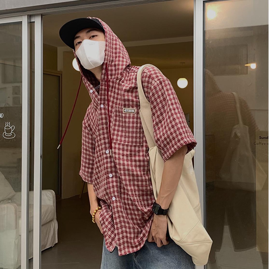 Áo Khoác Sơ Mi Có Nón Tay Ngắn Dáng Rộng Họa Tiết Kẻ Sọc Phong Cách Mỹ Cổ Điển Thời Trang Mùa