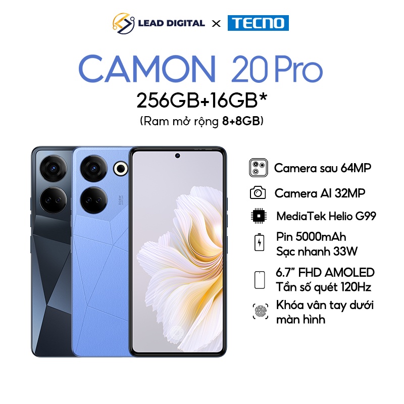 Điện Thoại Tecno Camon 20 Pro 8Gb/256Gb |Helio G99 | 5000 Mah/ 33W | Phiên Bản Chính Hãng New