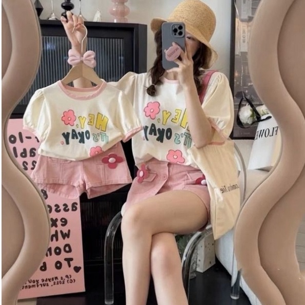 Set quần áo đôi cho mẹ và bé gái đính hoa dễ thương