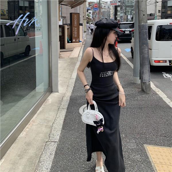 Đầm Hai Dây Dáng Dài Ôm Eo In Chữ Thời Trang Pháp Quyến Rũ Cho Nữ