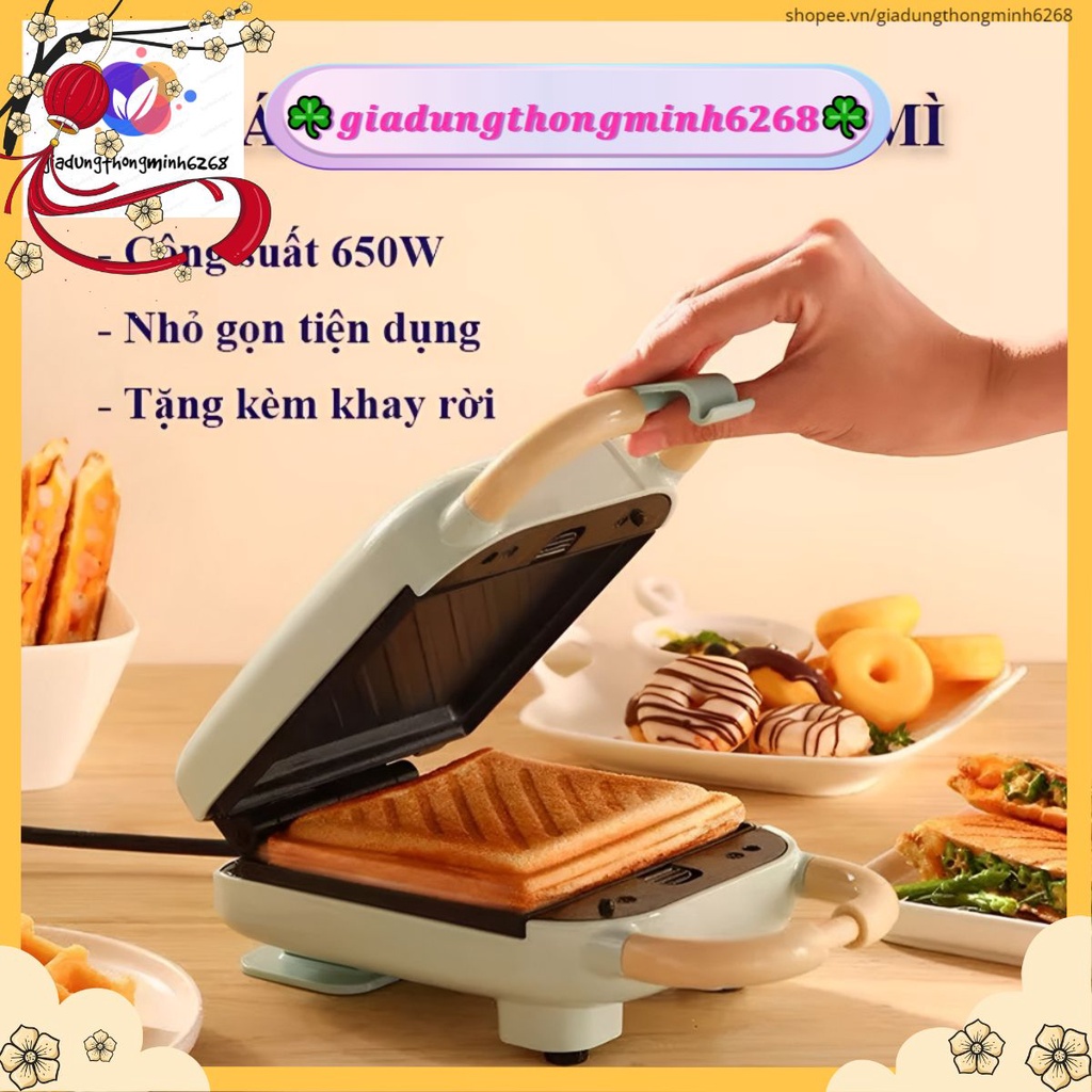Máy Nướng Bánh Mì - Máy Kẹp Bánh Mì Mini Ép Sandwich, Rán Trứng, Làm Đồ Ăn Sáng, Nướng Thịt 2 Mặt Đa Năng Chống Dính .1