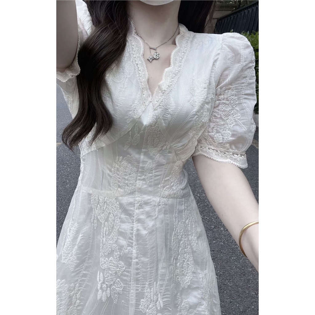 Đầm Voan Dáng Dài Tay Phồng Cổ Chữ V Thời Trang Mùa Hè Phong Cách Pháp Mới