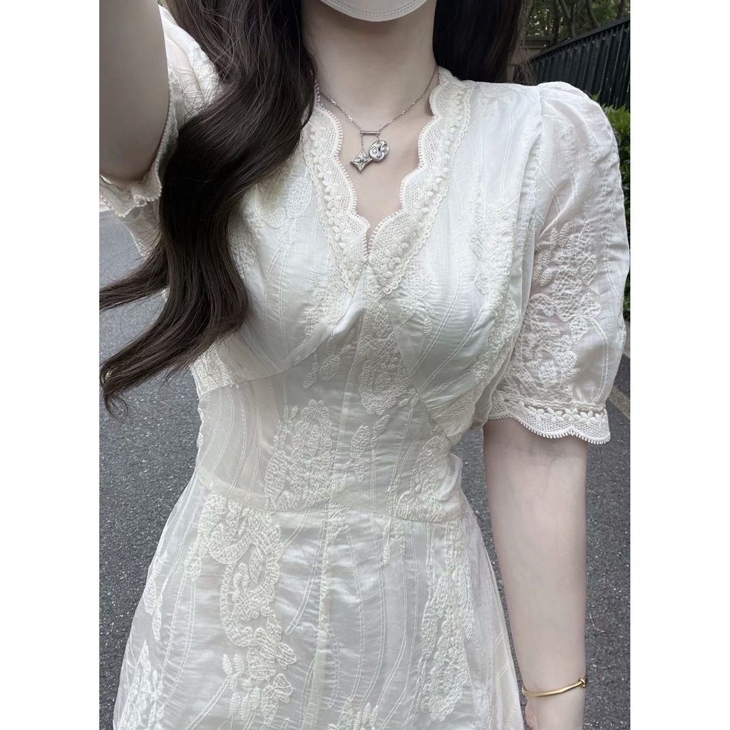 Đầm Voan Dáng Dài Tay Phồng Cổ Chữ V Thời Trang Mùa Hè Phong Cách Pháp Mới