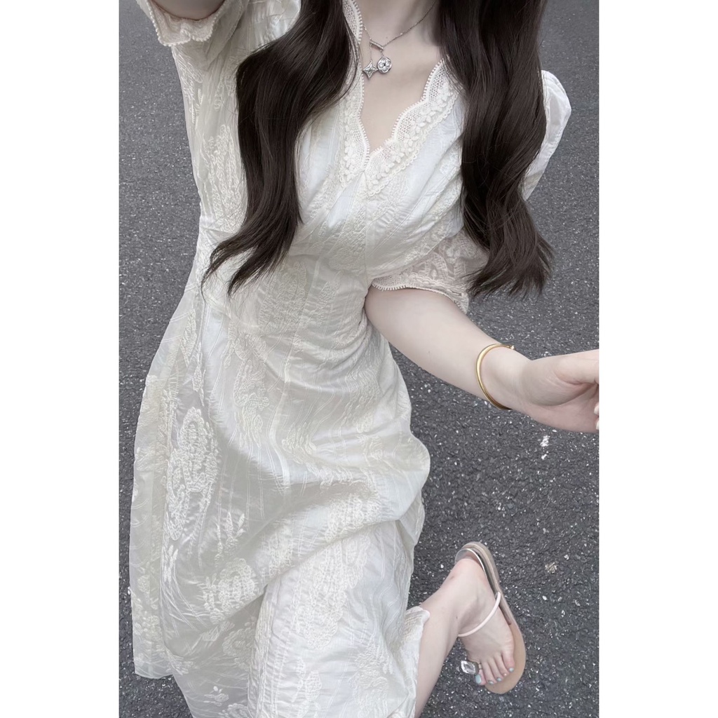 Đầm Voan Dáng Dài Tay Phồng Cổ Chữ V Thời Trang Mùa Hè Phong Cách Pháp Mới