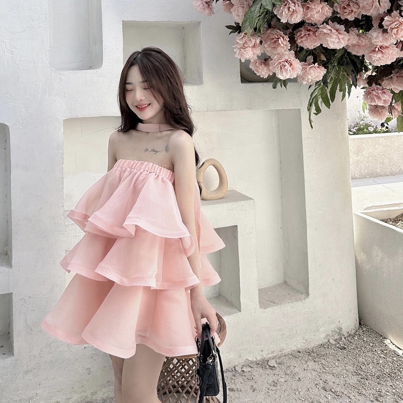 Sét Lily Mixx Thiết Kế Váy tiểu thư , đầm bèo tầng kèm quần , giây cổ 2 màu