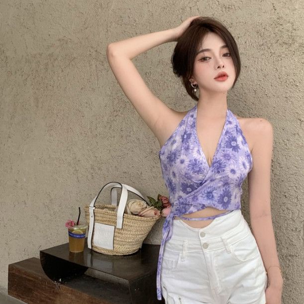 Áo Hai Dây Mùa Hè Buộc Dây Họa Tiết Hoa Phong Cách Pháp Cho Nữ